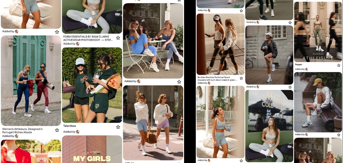 Moodboard de referencias de Pinterest para Tordo: athleisure, calzas, gorras y bolsos