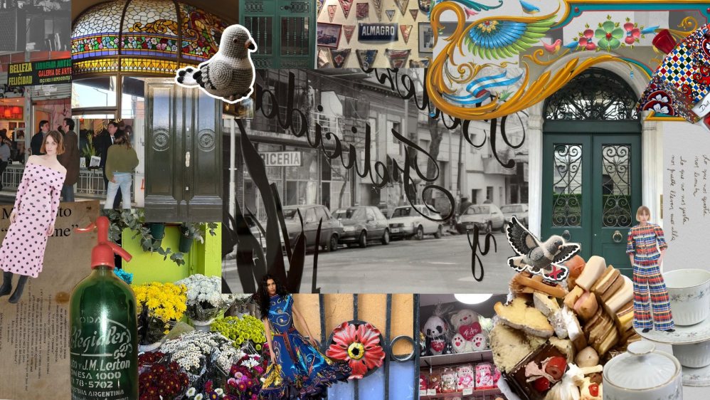 Collage del barrio de Almagro: fileteado, puertas antiguas, flores, sifones y vidrieras