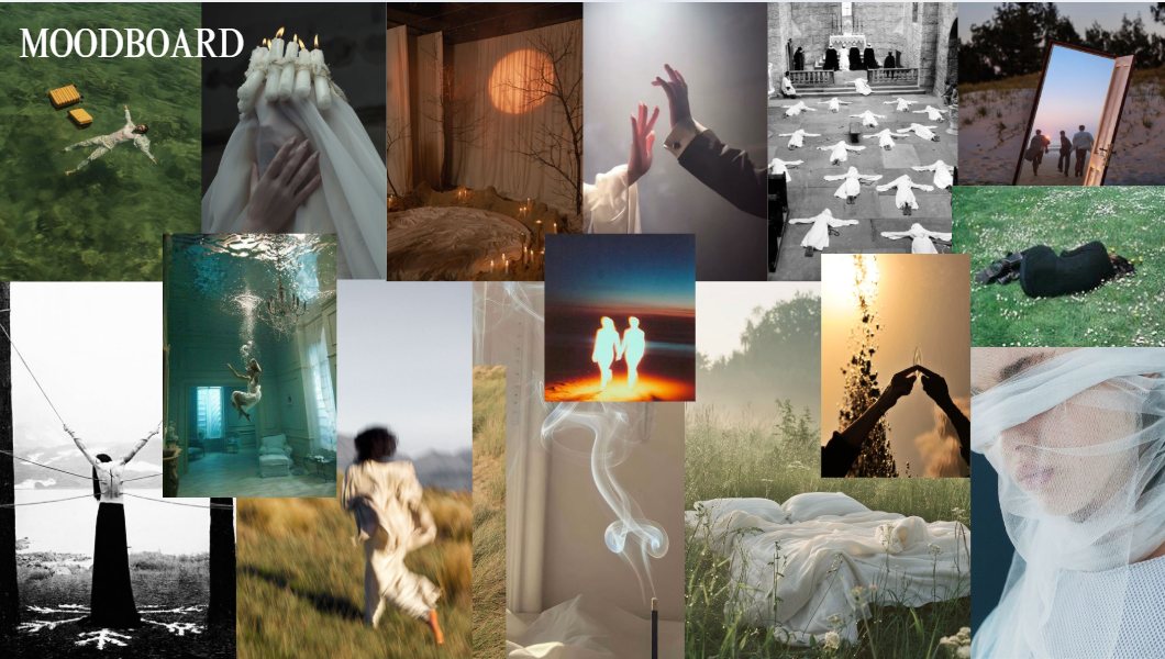 Moodboard de El último deseo: velas, telas blancas, naturaleza y figuras en trance
